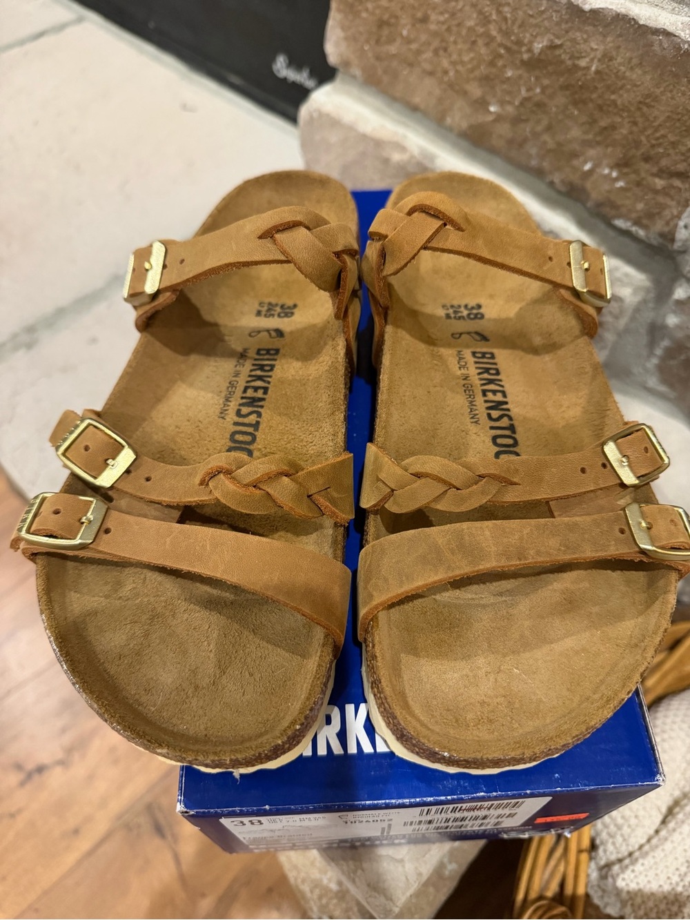 Birkenstock Tan Braided Triple-Strap Sandals with Gold Buckles